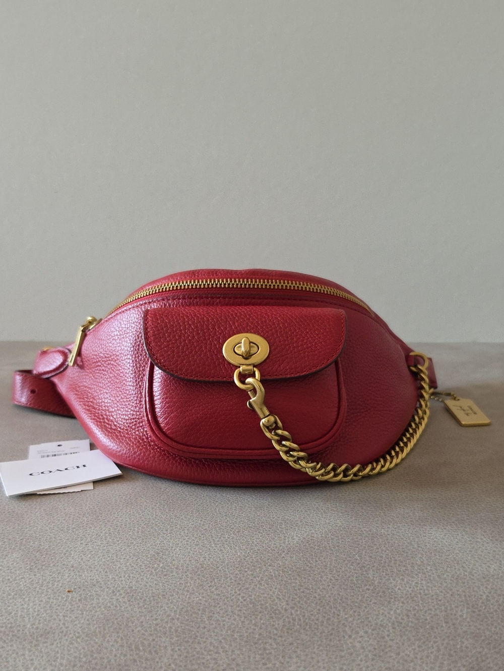 JLo Coach Red Pebbled Leather Crossbody Belt Bag with Aged Gold Hardware